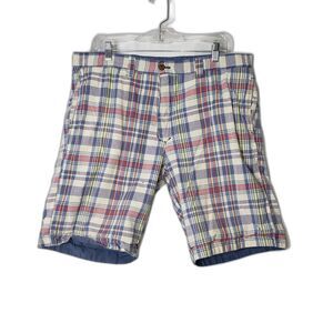 Tailor Vintage Reversible Shorts Mens Large Blue Plaid Casual Summer Cotton Flaw